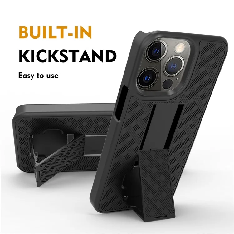 Woven Texture Swivel Belt Clip Kickstand Design Anti-Scratch Shockproof PC + TPU Hybrid Case for iPhone 13 Pro Max 6.7 inch - Black