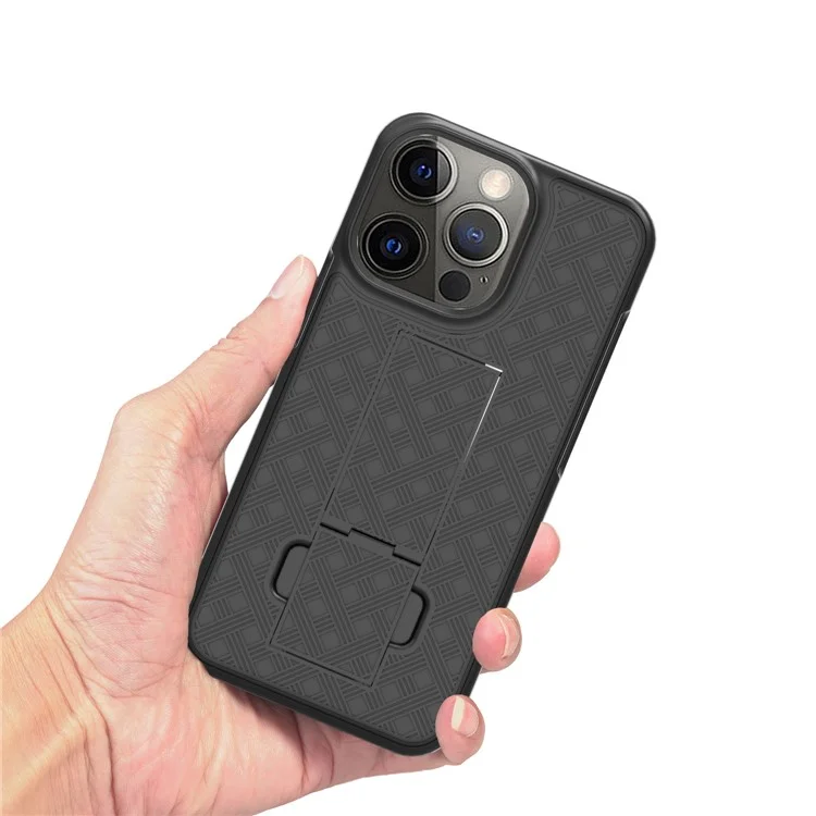 Woven Texture Swivel Belt Clip Kickstand Design Anti-Scratch Shockproof PC + TPU Hybrid Case for iPhone 13 Pro Max 6.7 inch - Black