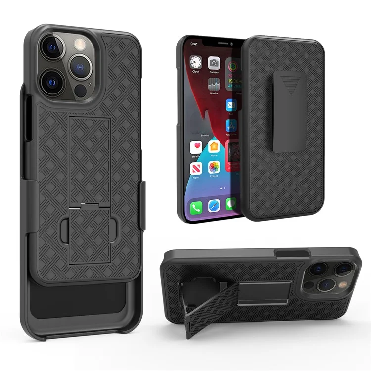 Woven Texture Swivel Belt Clip Kickstand Design Anti-Scratch Shockproof PC + TPU Hybrid Case for iPhone 13 Pro Max 6.7 inch - Black
