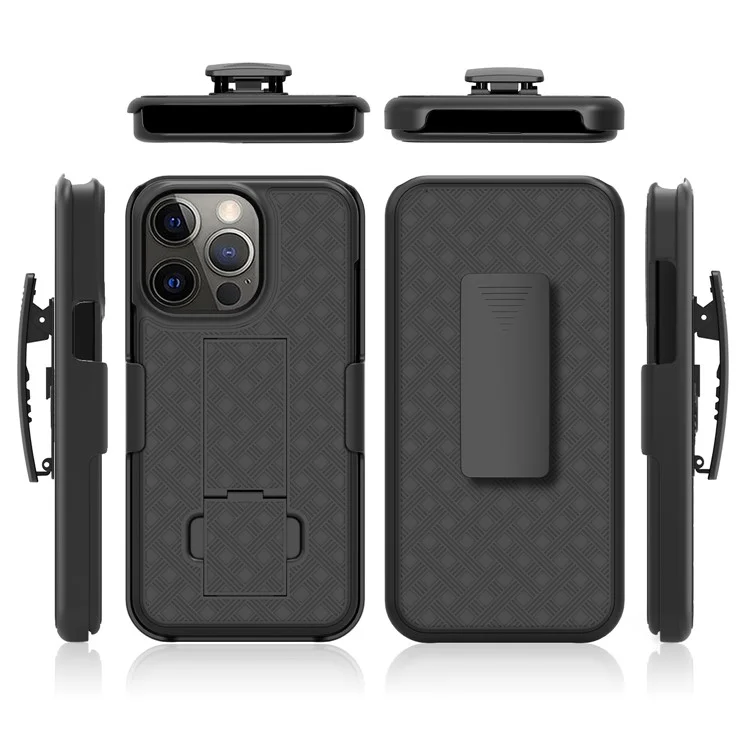 Woven Texture Swivel Belt Clip Kickstand Design Anti-Scratch Shockproof PC + TPU Hybrid Case for iPhone 13 Pro Max 6.7 inch - Black