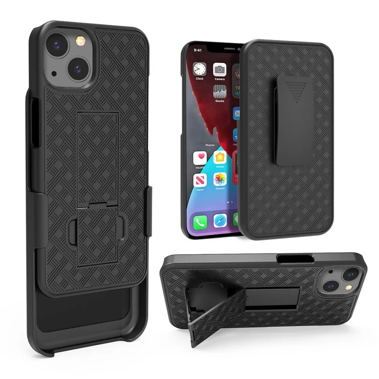 Stylish Woven Texture Scratch-Resistant Swivel Belt Clip Kickstand PC + TPU Hybrid Case for iPhone 13 6.1 inch - Black
