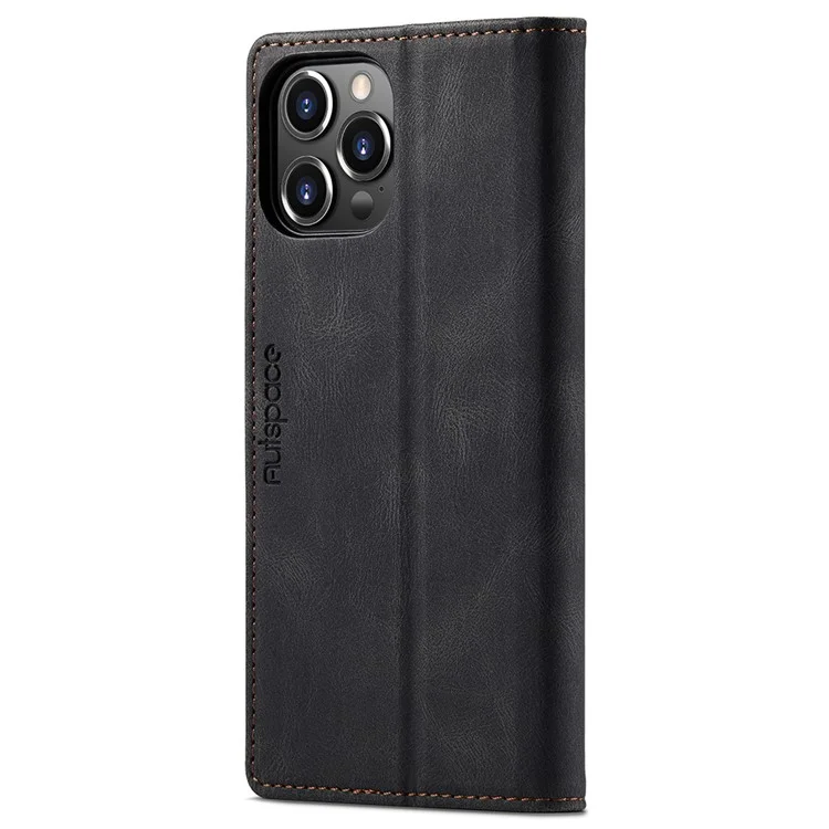 AUTSPACE A01 Série Premium Retro Matte PU Leather Wallet Flip Stand Cover com RFID Blocking Magnetic Closure para iPhone 13 Pro 6.1 polegadas - Preto