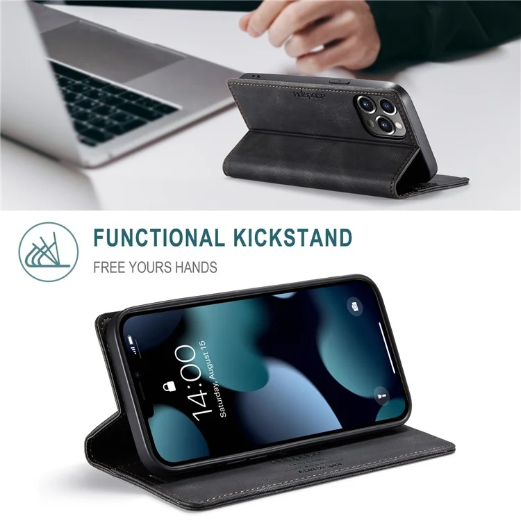 AUTSPACE A01 Série Premium Retro Matte PU Leather Wallet Flip Stand Cover com RFID Blocking Magnetic Closure para iPhone 13 Pro 6.1 polegadas - Preto
