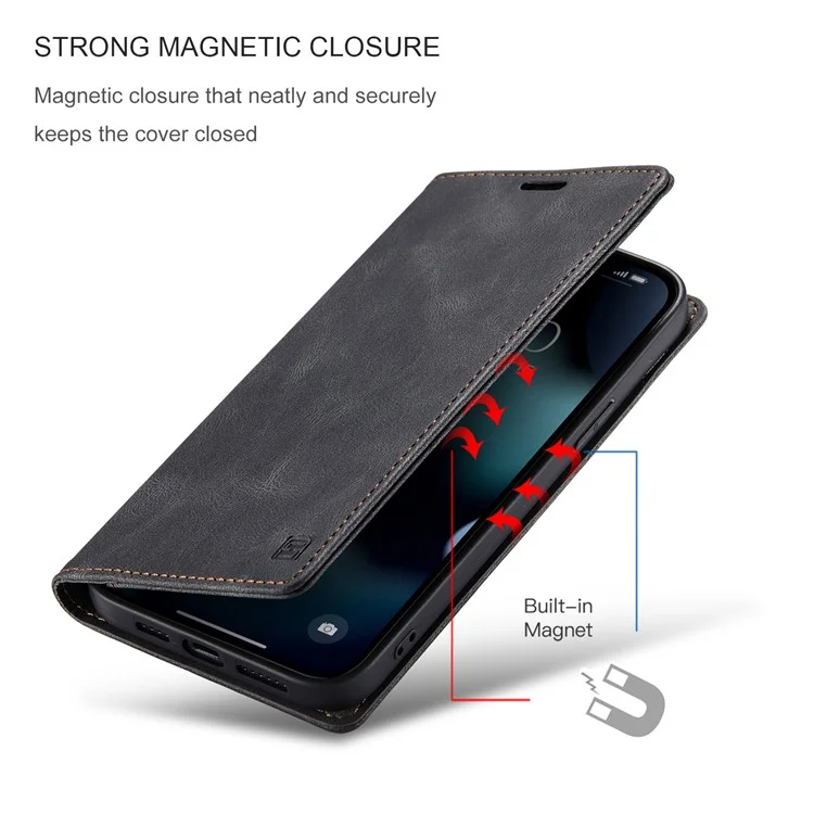 AUTSPACE A01 Série Premium Retro Matte PU Leather Wallet Flip Stand Cover com RFID Blocking Magnetic Closure para iPhone 13 Pro 6.1 polegadas - Preto