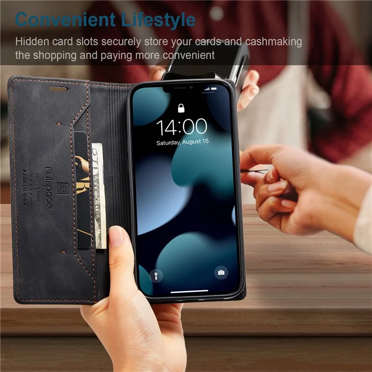 AUTSPACE A01 Série Premium Retro Matte PU Leather Wallet Flip Stand Cover com RFID Blocking Magnetic Closure para iPhone 13 Pro 6.1 polegadas - Preto