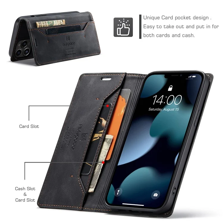 AUTSPACE A01 Série Premium Retro Matte PU Leather Wallet Flip Stand Cover com RFID Blocking Magnetic Closure para iPhone 13 Pro 6.1 polegadas - Preto