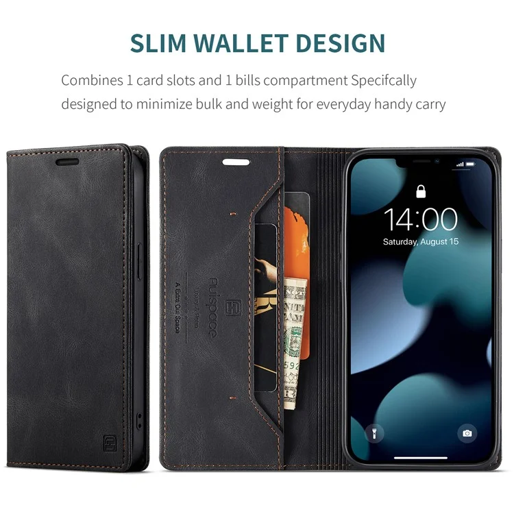 AUTSPACE A01 Série Premium Retro Matte PU Leather Wallet Flip Stand Cover com RFID Blocking Magnetic Closure para iPhone 13 Pro 6.1 polegadas - Preto