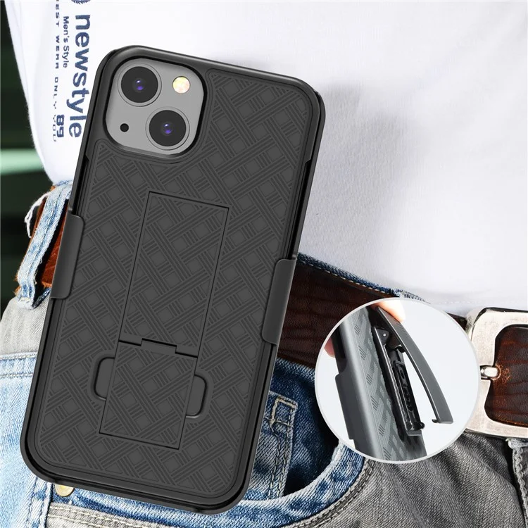 Anti-Drop Light Stylish Woven Texture Swivel Belt Clip Kickstand PC + TPU Hybrid Case for iPhone 13 mini 5.4 inch - Black