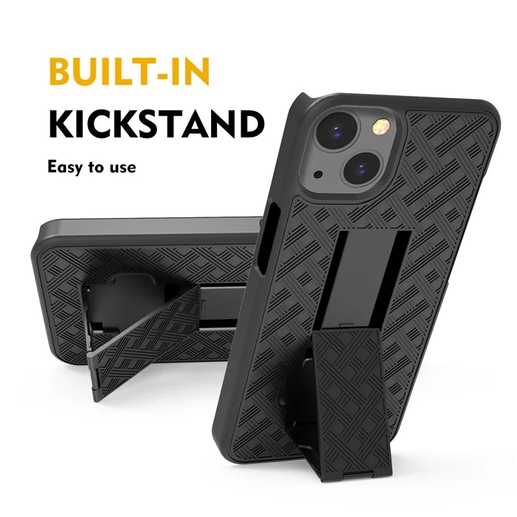 Anti-Drop Light Stylish Woven Texture Swivel Belt Clip Kickstand PC + TPU Hybrid Case for iPhone 13 mini 5.4 inch - Black