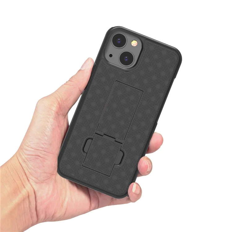 Anti-Drop Light Stylish Woven Texture Swivel Belt Clip Kickstand PC + TPU Hybrid Case for iPhone 13 mini 5.4 inch - Black