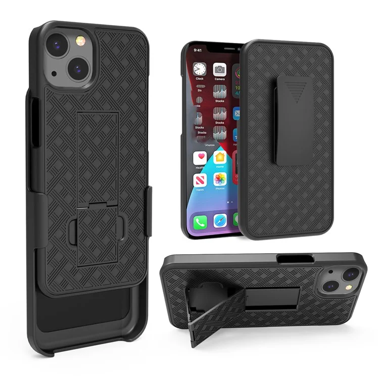 Anti-Drop Light Stylish Woven Texture Swivel Belt Clip Kickstand PC + TPU Hybrid Case for iPhone 13 mini 5.4 inch - Black
