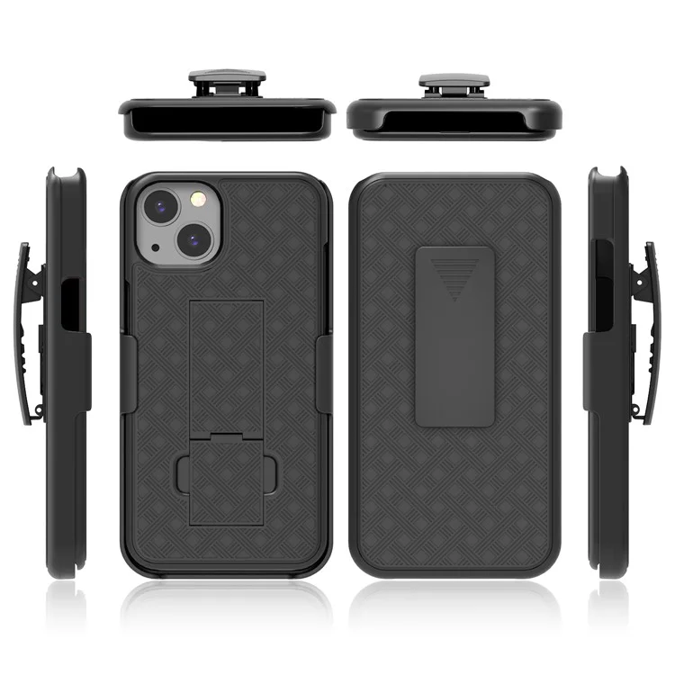 Anti-Drop Light Stylish Woven Texture Swivel Belt Clip Kickstand PC + TPU Hybrid Case for iPhone 13 mini 5.4 inch - Black