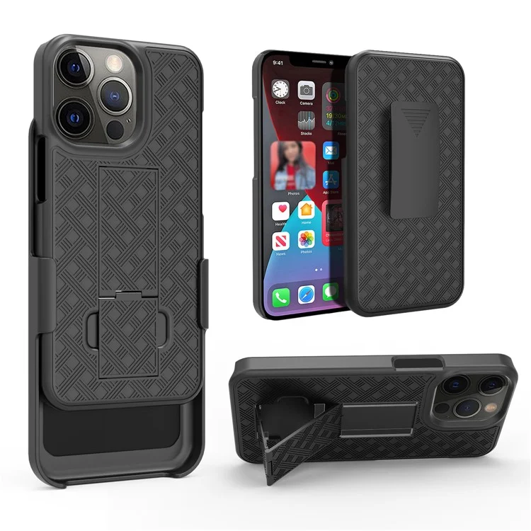 Woven Texture Anti-Fall Stylish Swivel Belt Clip Kickstand PC + TPU Hybrid Case for iPhone 13 Pro 6.1 inch - Black