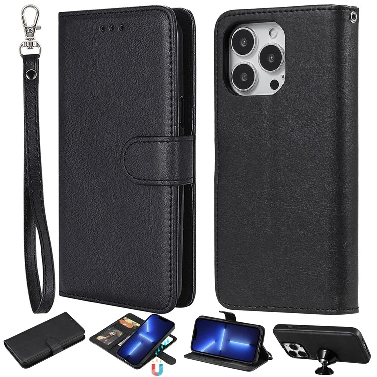 KT Leather Series-3 Custodia Wallet 2-in-1 Staccabile Antiurto Magnetica con Stand in Pelle per iPhone 13 Pro Max 6.7 pollici - Nero
