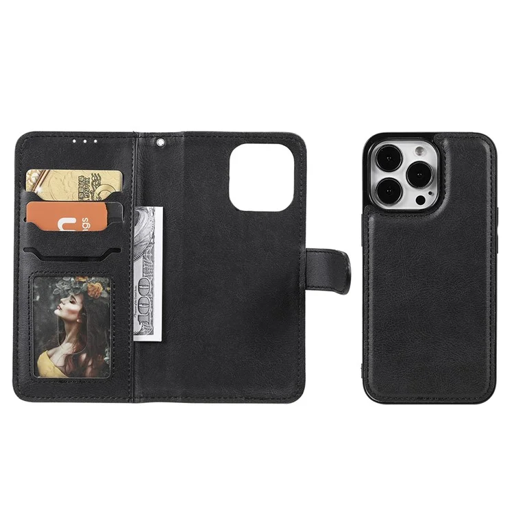 KT Leather Series-3 Custodia Wallet 2-in-1 Staccabile Antiurto Magnetica con Stand in Pelle per iPhone 13 Pro Max 6.7 pollici - Nero