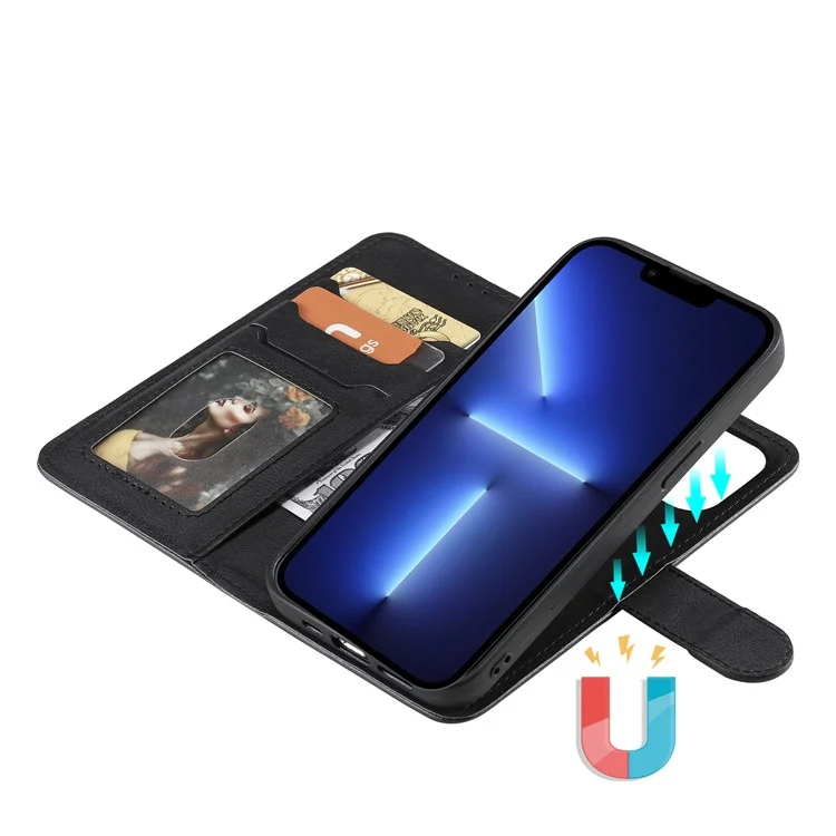 KT Leather Series-3 Custodia Wallet 2-in-1 Staccabile Antiurto Magnetica con Stand in Pelle per iPhone 13 Pro Max 6.7 pollici - Nero