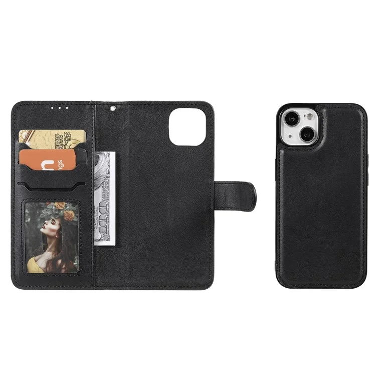 KT Leather Series-3 Custodia Staccabile 2-in-1 Design Wallet Stand Design PU Leather+TPU per iPhone 13 6.1 pollici - Nero