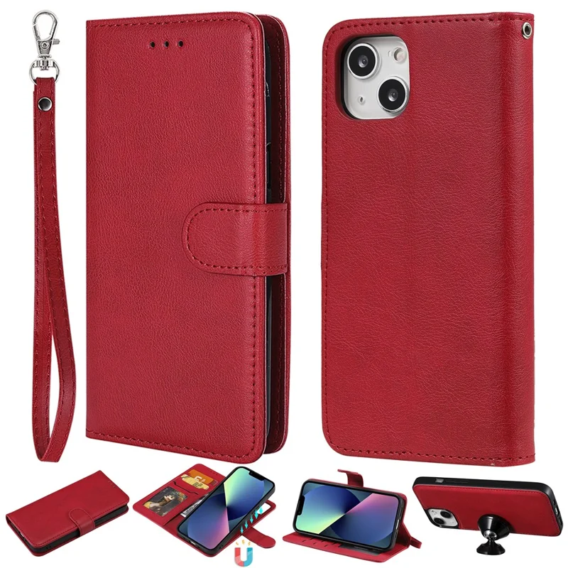 For iPhone 13 Case 2 in 1 Detachable Magnetic Leather Wallet Mobile Cover with Strap - Red