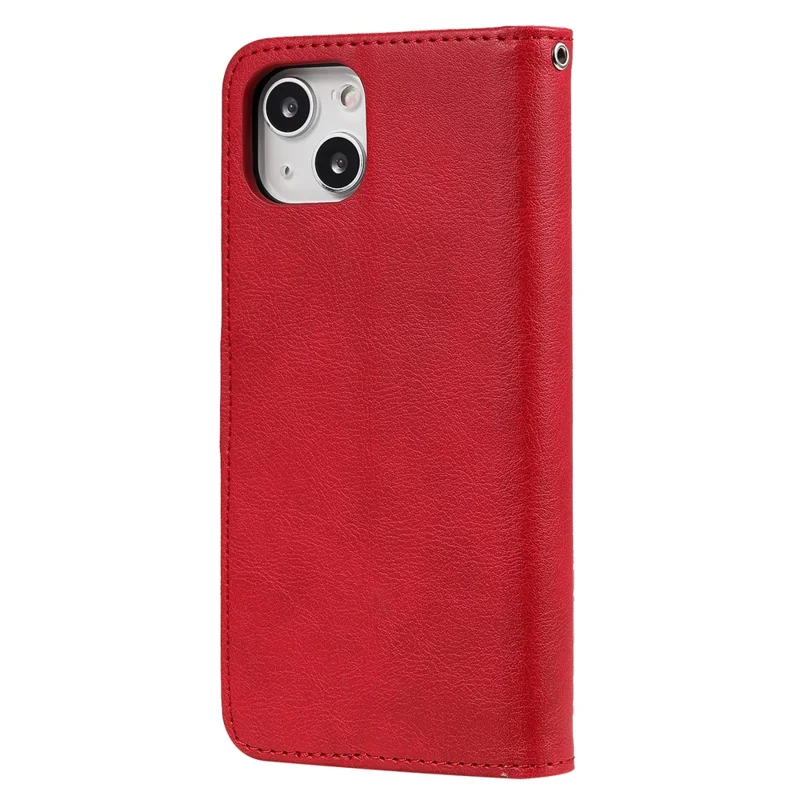 For iPhone 13 Case 2 in 1 Detachable Magnetic Leather Wallet Mobile Cover with Strap - Red
