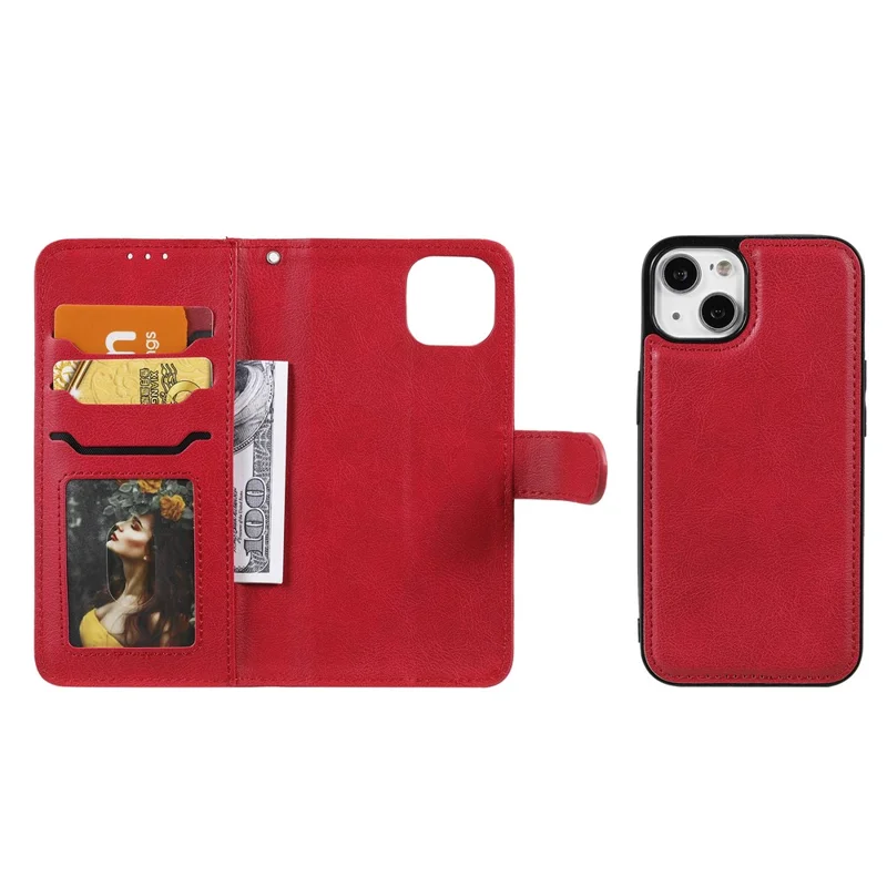 For iPhone 13 Case 2 in 1 Detachable Magnetic Leather Wallet Mobile Cover with Strap - Red