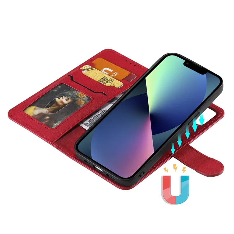 For iPhone 13 Case 2 in 1 Detachable Magnetic Leather Wallet Mobile Cover with Strap - Red