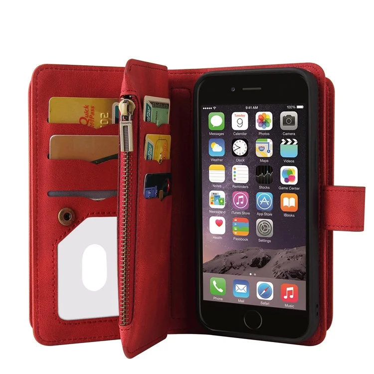 KT Multi-functional Series-2 Skin-touch Feel PU Leather Handbag Zipper Cover for iPhone 6 / SE (2022)/SE (2020)/8/7, Stand Card Holder Slots Shockproof Flip Case with Strap - Rojo