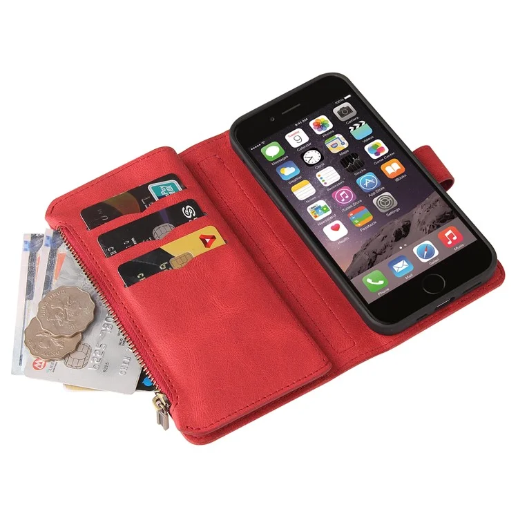 KT Multi-functional Series-2 Skin-touch Feel PU Leather Handbag Zipper Cover for iPhone 6 / SE (2022)/SE (2020)/8/7, Stand Card Holder Slots Shockproof Flip Case with Strap - Rojo