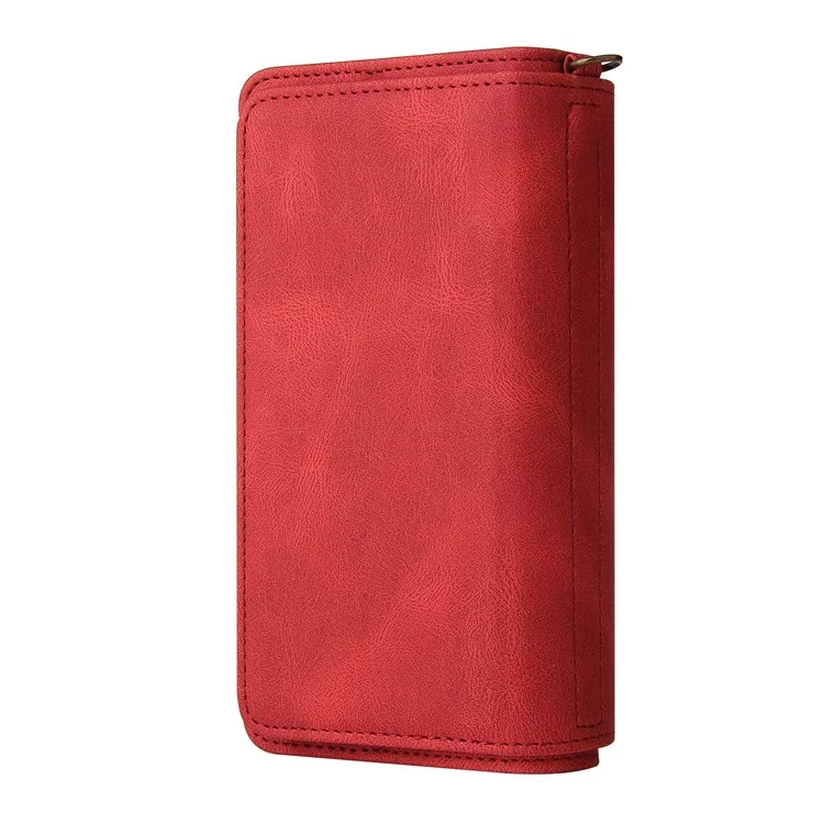 KT Multi-functional Series-2 Skin-touch Feel PU Leather Handbag Zipper Cover for iPhone 6 / SE (2022)/SE (2020)/8/7, Stand Card Holder Slots Shockproof Flip Case with Strap - Red