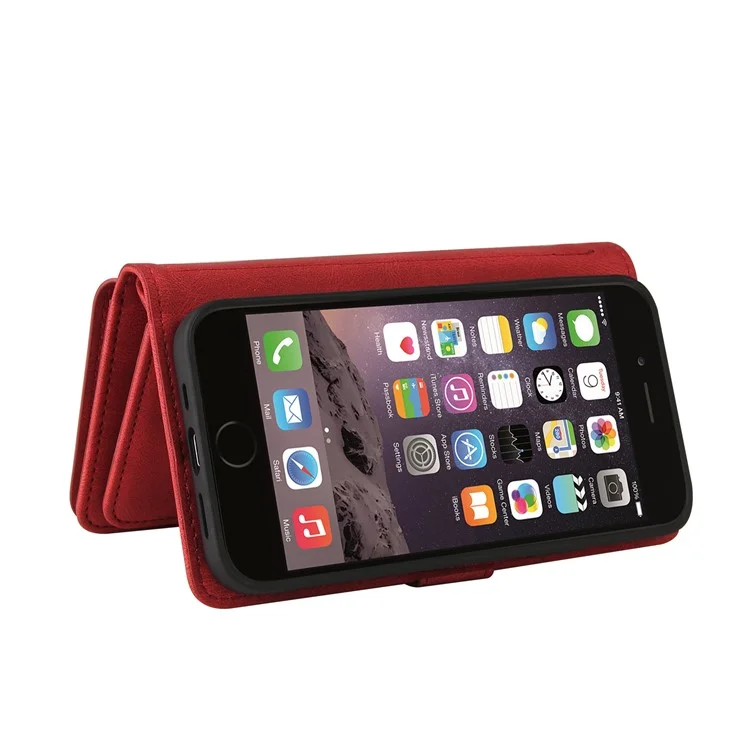 KT Multi-functional Series-2 Skin-touch Feel PU Leather Handbag Zipper Cover for iPhone 6 / SE (2022)/SE (2020)/8/7, Stand Card Holder Slots Shockproof Flip Case with Strap - Rojo
