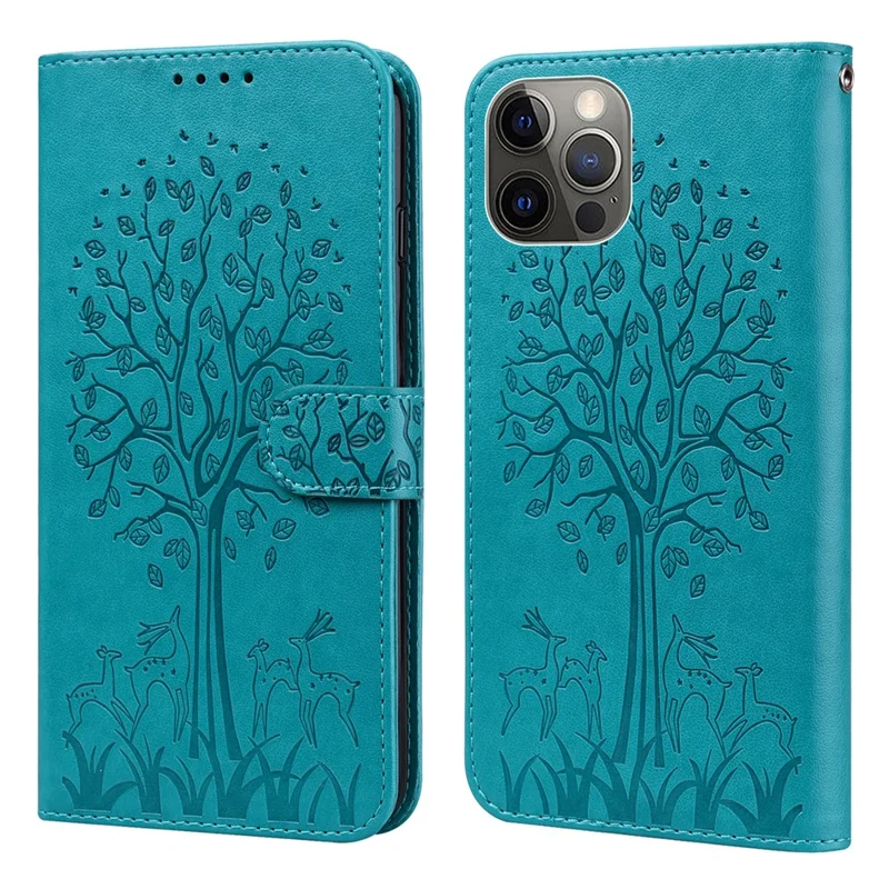 Tree and Deer Imprinted Leather Wallet Stand Phone Cover Case for iPhone 13 Pro 6.1 inch - Blue