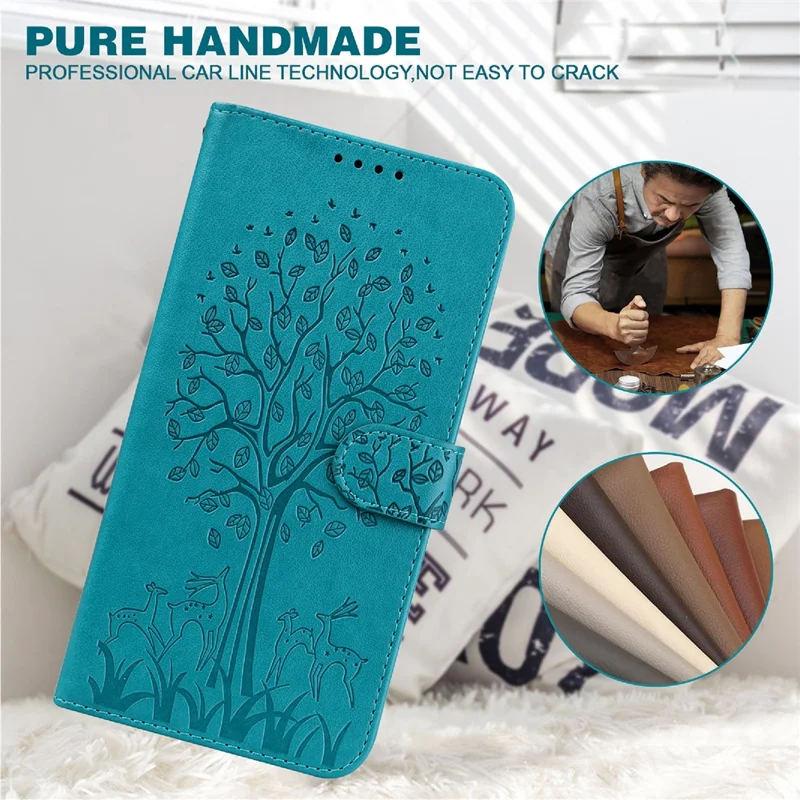 Tree and Deer Imprinted Leather Wallet Stand Phone Cover Case for iPhone 13 Pro 6.1 inch - Blue