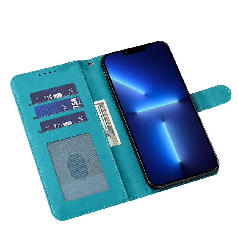 Tree and Deer Imprinted Leather Wallet Stand Phone Cover Case for iPhone 13 Pro 6.1 inch - Blue