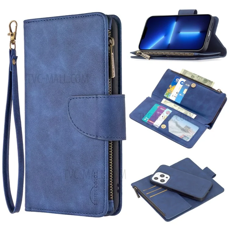 BF02 Zipper Pocket Trennbares 2-in-1-Leder-Geldbörse Standfuß Handyhülle für iPhone 13 Pro 6.1 Zoll - Blau