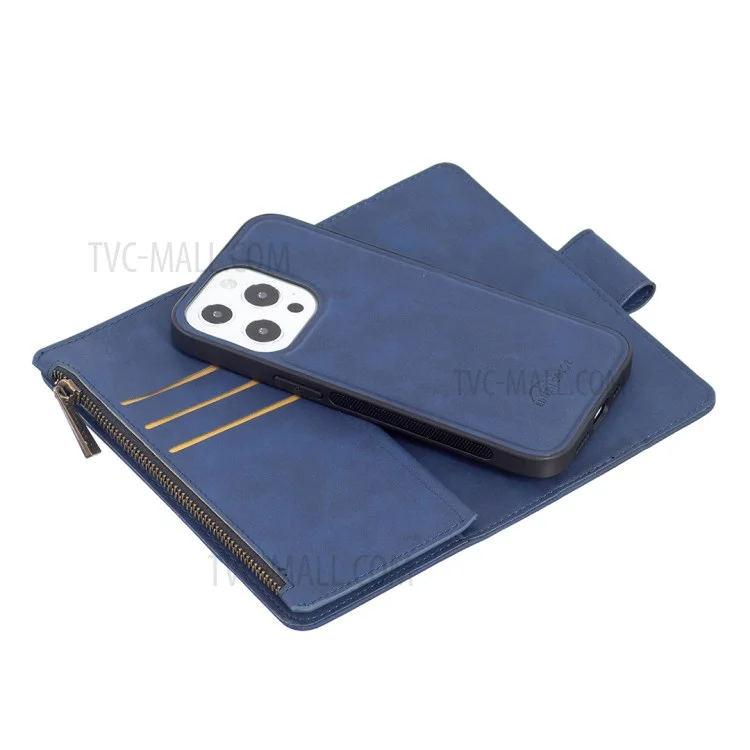 BF02 Zipper Pocket Trennbares 2-in-1-Leder-Geldbörse Standfuß Handyhülle für iPhone 13 Pro 6.1 Zoll - Blau