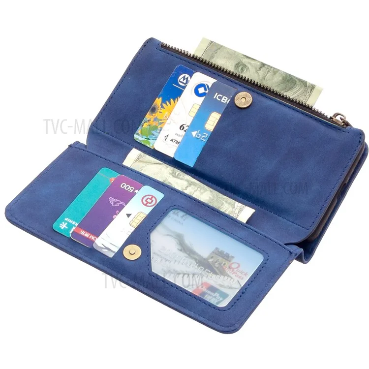 BF02 Zipper Pocket Trennbares 2-in-1-Leder-Geldbörse Standfuß Handyhülle für iPhone 13 Pro 6.1 Zoll - Blau