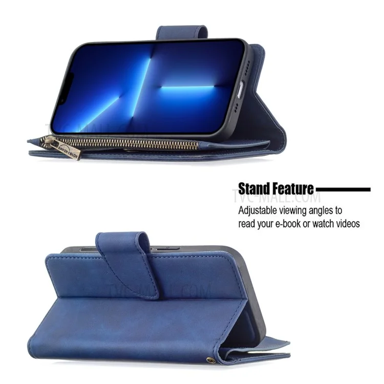 BF02 Zipper Pocket Trennbares 2-in-1-Leder-Geldbörse Standfuß Handyhülle für iPhone 13 Pro 6.1 Zoll - Blau