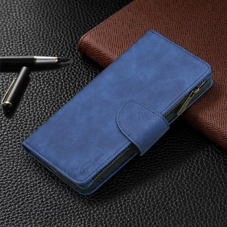 BF02 Zipper Pocket Trennbares 2-in-1-Leder-Geldbörse Standfuß Handyhülle für iPhone 13 Pro 6.1 Zoll - Blau