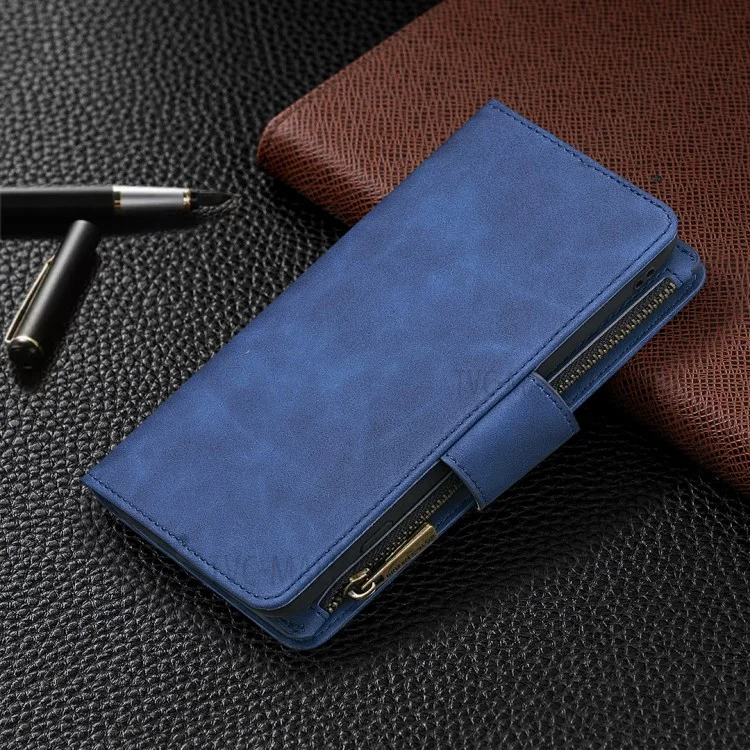 BF02 Zipper Pocket Trennbares 2-in-1-Leder-Geldbörse Standfuß Handyhülle für iPhone 13 Pro 6.1 Zoll - Blau