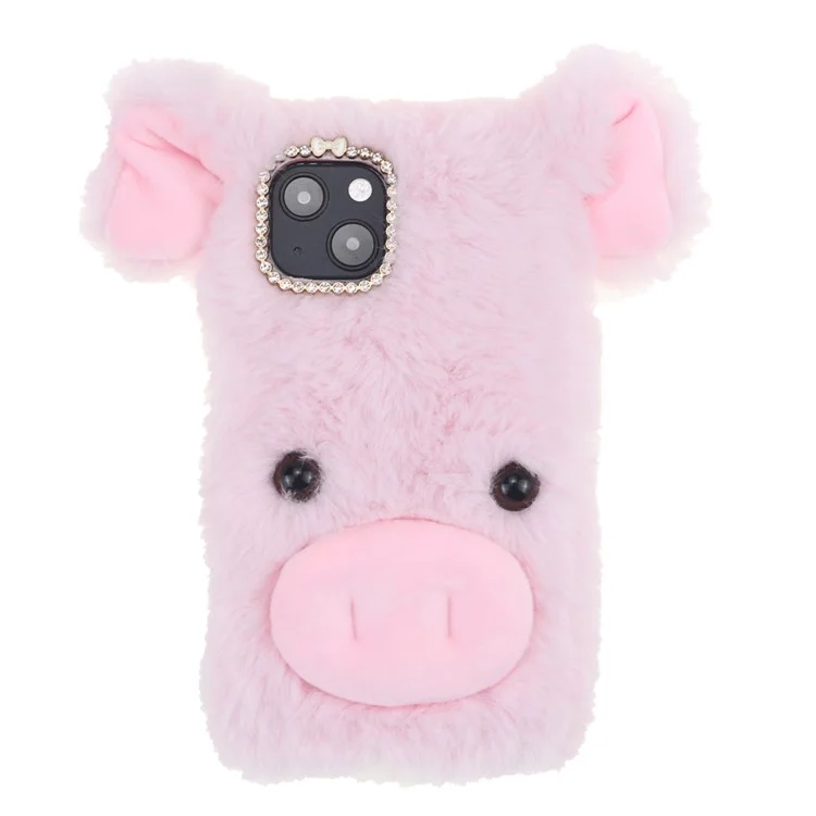 Lucky Piggy Soft Fluffy Fake Fur Warm Shell TPU Shockproof Protective Cover with Rhinestone Bow Knot for iPhone 13 6.1 inch - Pink