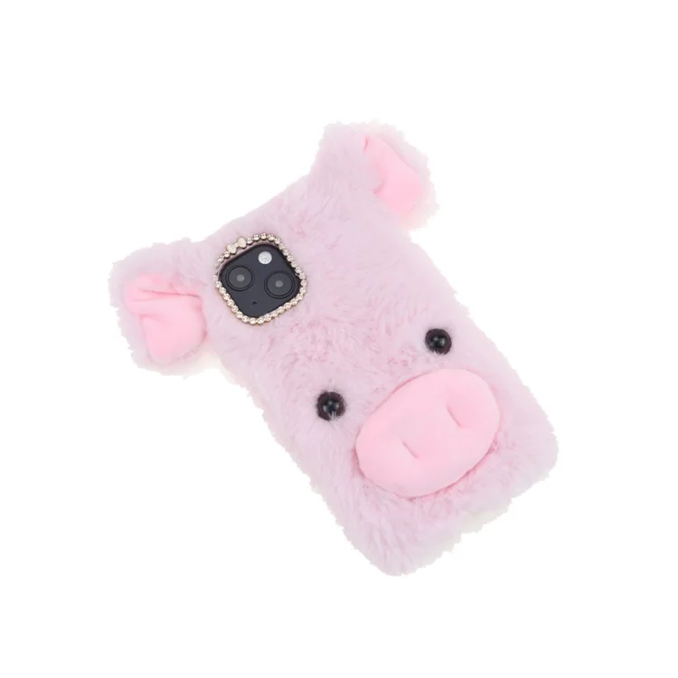 Lucky Piggy Soft Fluffy Fake Fur Warm Shell TPU Shockproof Protective Cover with Rhinestone Bow Knot for iPhone 13 6.1 inch - Pink