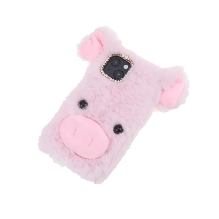 Lucky Piggy Soft Fluffy Fake Fur Warm Shell TPU Shockproof Protective Cover with Rhinestone Bow Knot for iPhone 13 6.1 inch - Pink
