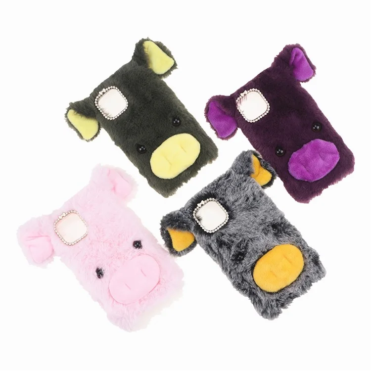 Lucky Piggy Soft Fluffy Fake Fur Warm Shell TPU Shockproof Protective Cover with Rhinestone Bow Knot for iPhone 13 6.1 inch - Pink