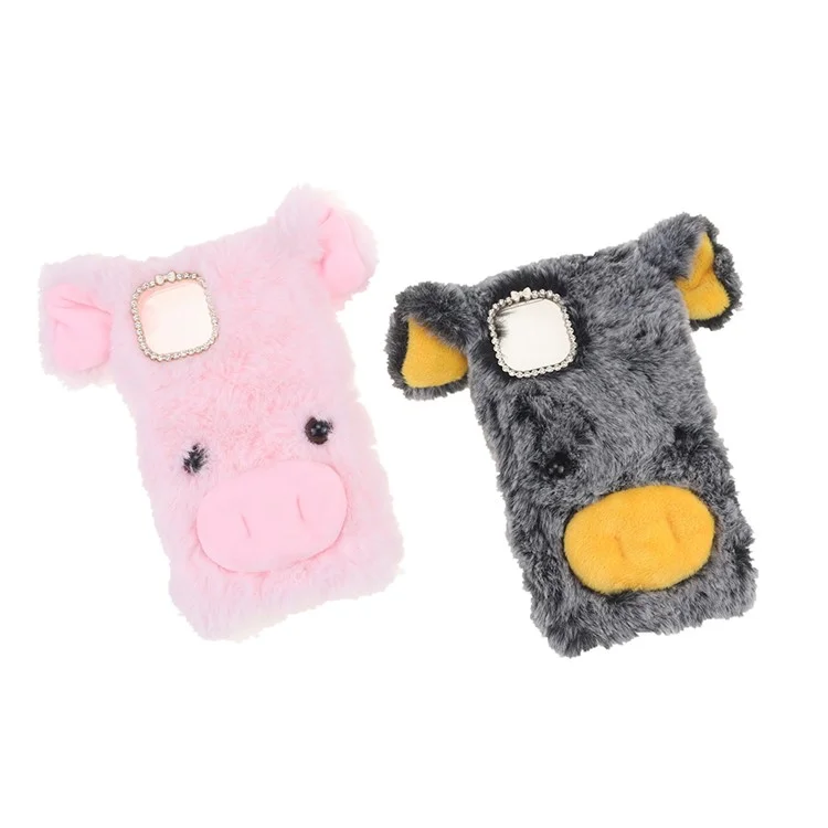 Lucky Piggy Soft Fluffy Fake Fur Warm Shell TPU Shockproof Protective Cover with Rhinestone Bow Knot for iPhone 13 6.1 inch - Pink
