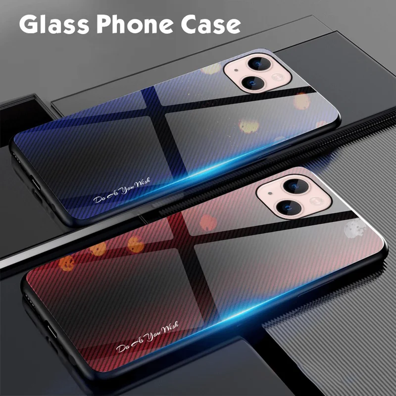 Carbon Fiber Texture Tempered Glass Back + TPU Hybrid Phone Case for iPhone 13 mini 5.4 inch - Black