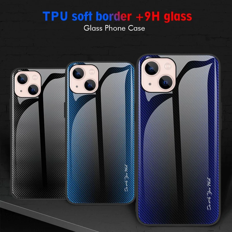 Carbon Fiber Texture Tempered Glass Back + TPU Hybrid Phone Case for iPhone 13 mini 5.4 inch - Black