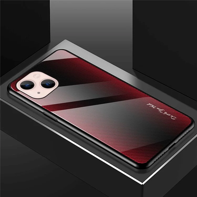 Carbon Fiber Texture Tempered Glass Back + TPU Edge Hybrid Phone Cover Case für iPhone 13 6.1 Zoll - Rot