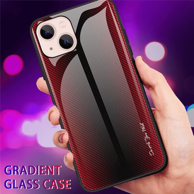 Carbon Fiber Texture Tempered Glass Back + TPU Edge Hybrid Phone Cover Case für iPhone 13 6.1 Zoll - Rot