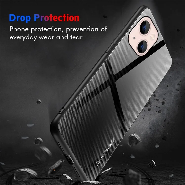 Carbon Fiber Texture Tempered Glass Back + TPU Edge Hybrid Phone Cover Case für iPhone 13 6.1 Zoll - Rot