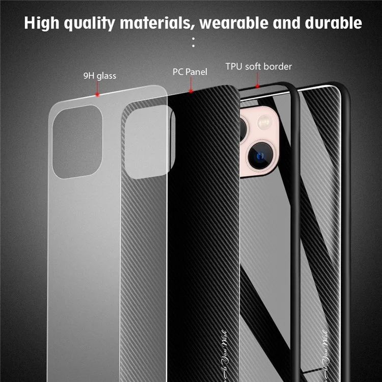Carbon Fiber Texture Tempered Glass Back + TPU Edge Hybrid Phone Cover Case für iPhone 13 6.1 Zoll - Rot