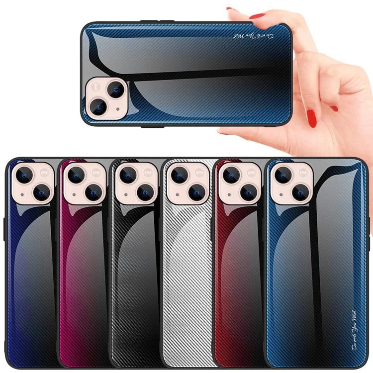 Carbon Fiber Texture Tempered Glass Back + TPU Edge Hybrid Phone Cover Case für iPhone 13 6.1 Zoll - Rot